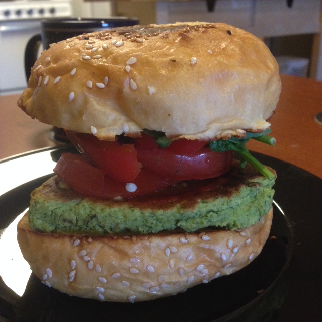 [Image of a green veggie burger.] Cilantro!
