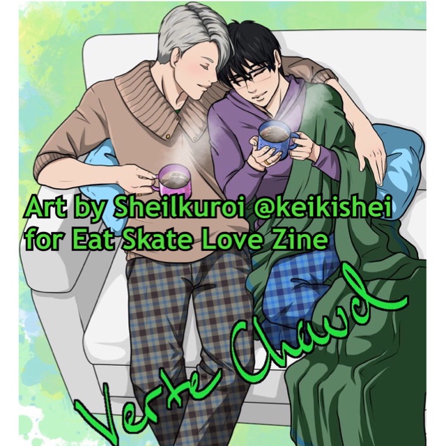 Image: illustration of Viktor and Yuuri from Yuri!!! on Ice cuddling on a couch and drinking Verte Chaud, which is hot cocoa with Chartreuse in it.