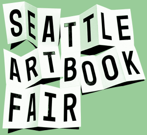 Graphic of unfolded pieces of paper that read Seattle Art Book Fair. Background is green.